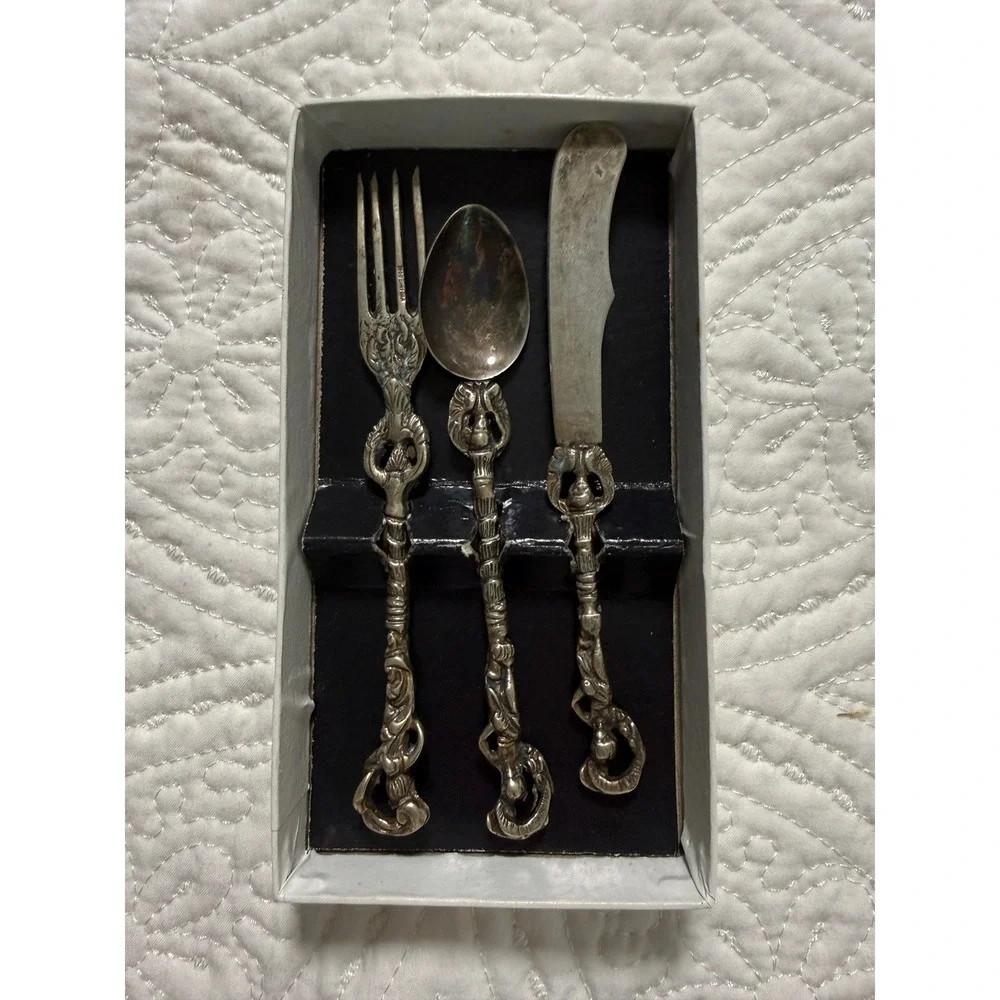 Flatware Set Small Fork, Knife, Spoon Silver Ornate Italian Vintage Figural Set